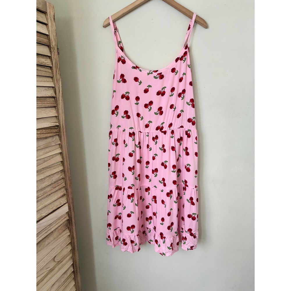 Babydoll Pastel Goth Grunge Skull Cherry Print Tiered Cami Dress Pink